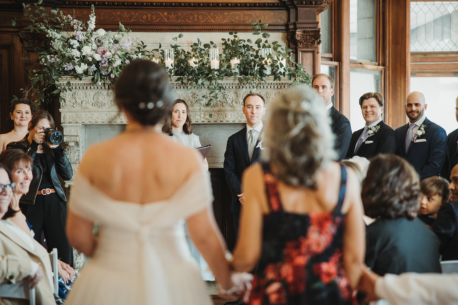 Bride Walking Down Aisle with Mom at Indoor Branford House Wedding Ceremony