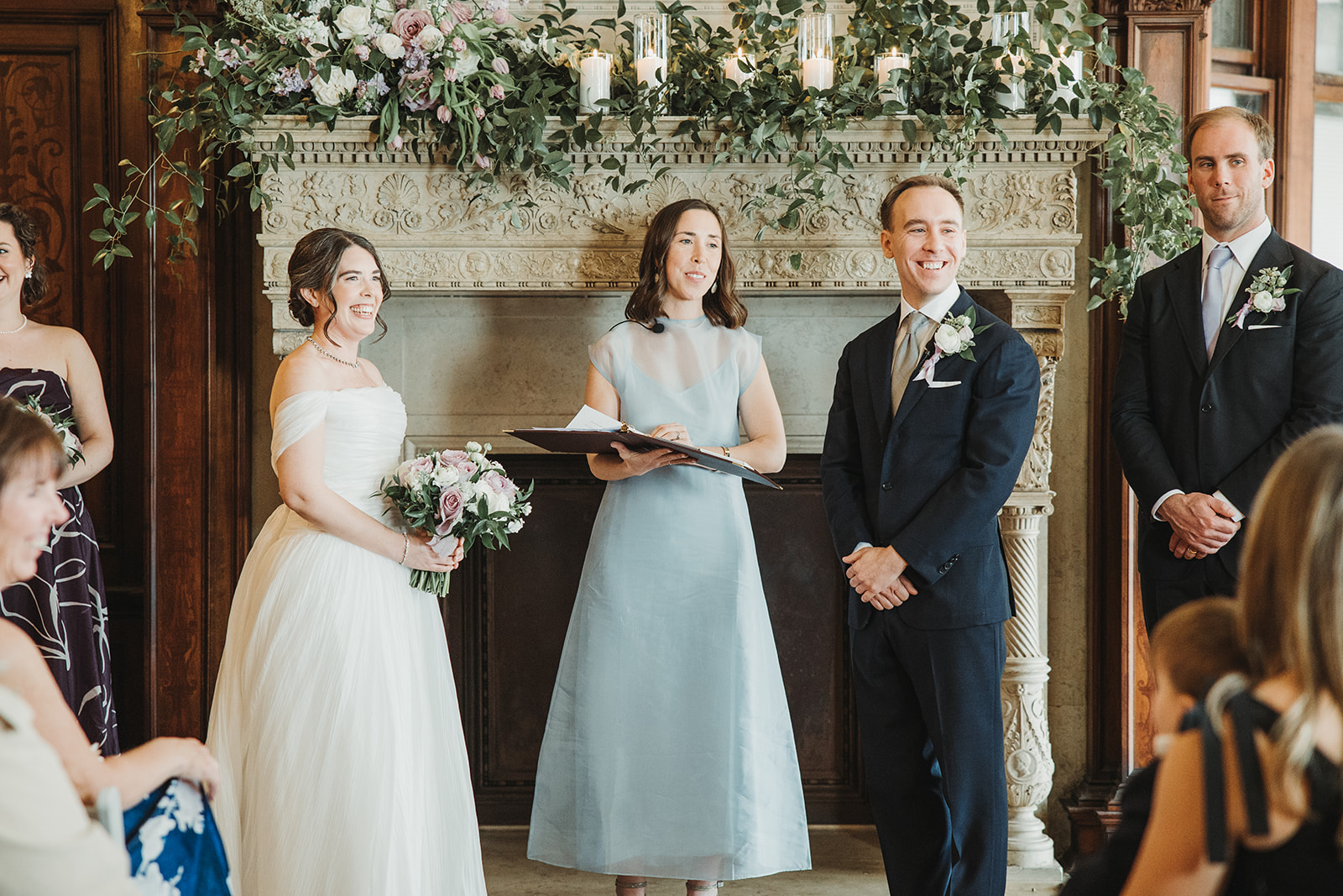 Bride and Groom Smiling During Wedding Ceremony at Branford House