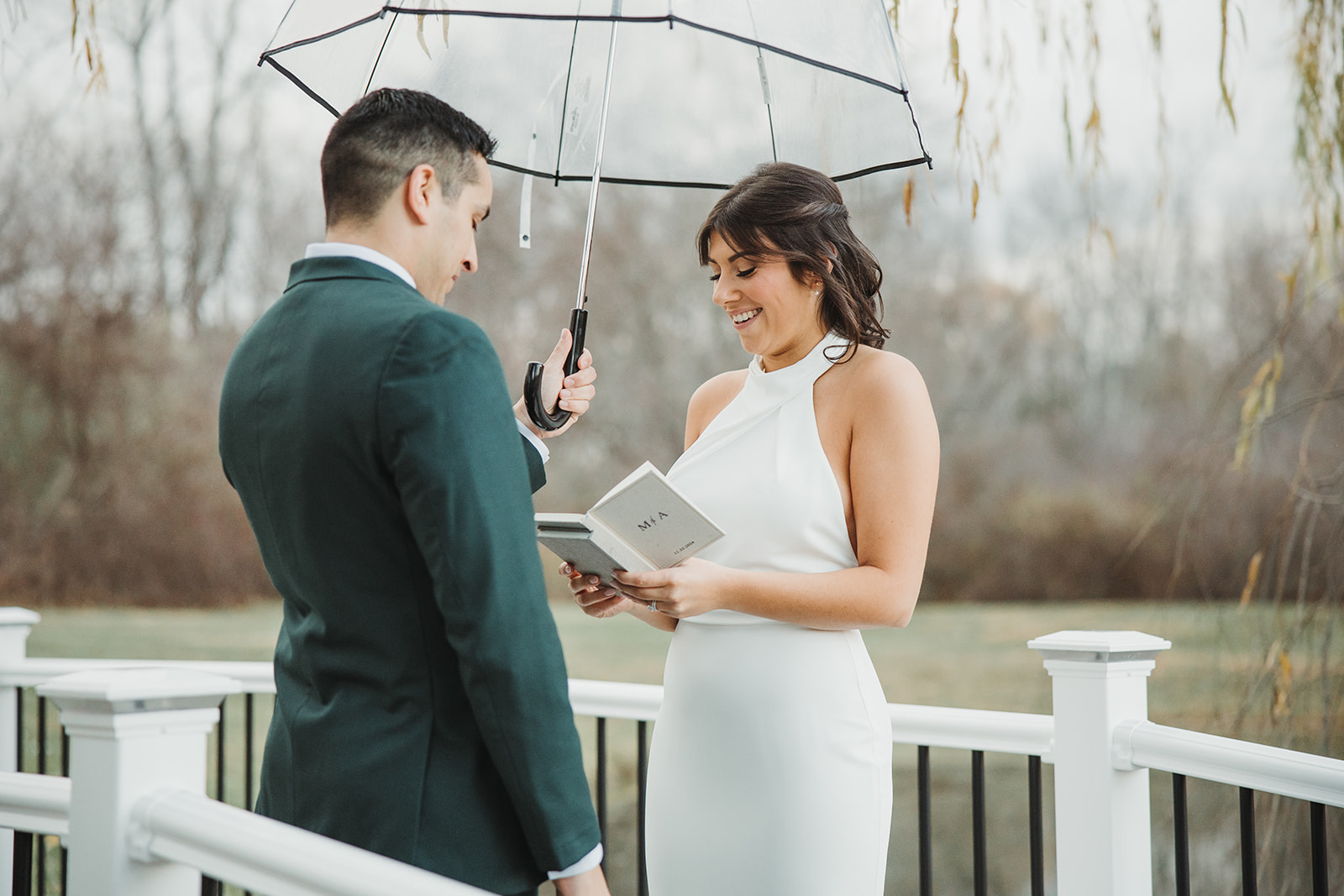 Couple Exchange Private Vows Under Clear Umbrella Rainy CT Wedding