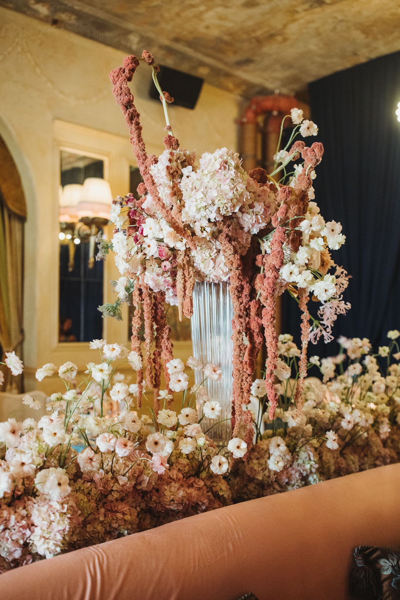 Custom Floral Arrangements in Lush Pink and White at NYC Hotel Wedding